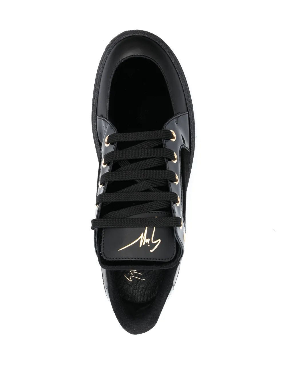 Black velvet lace-up low-top sneakers, front view, logo on tongue, gold eyelets