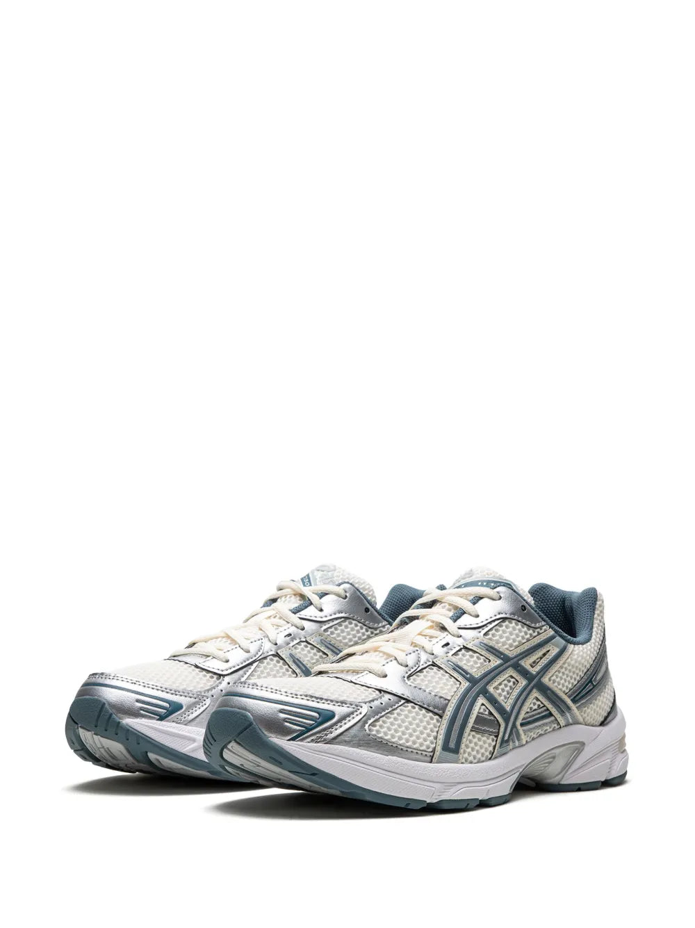 Cream lace-up sneakers with blue-gray mesh panels and GEL detail, front angle