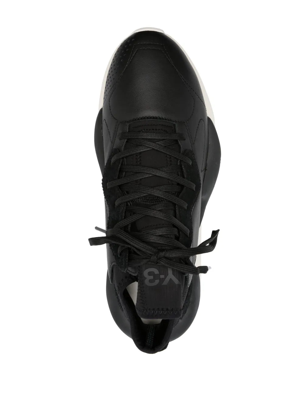 Black lace-up sneaker front view with textured upper and white rubber sole