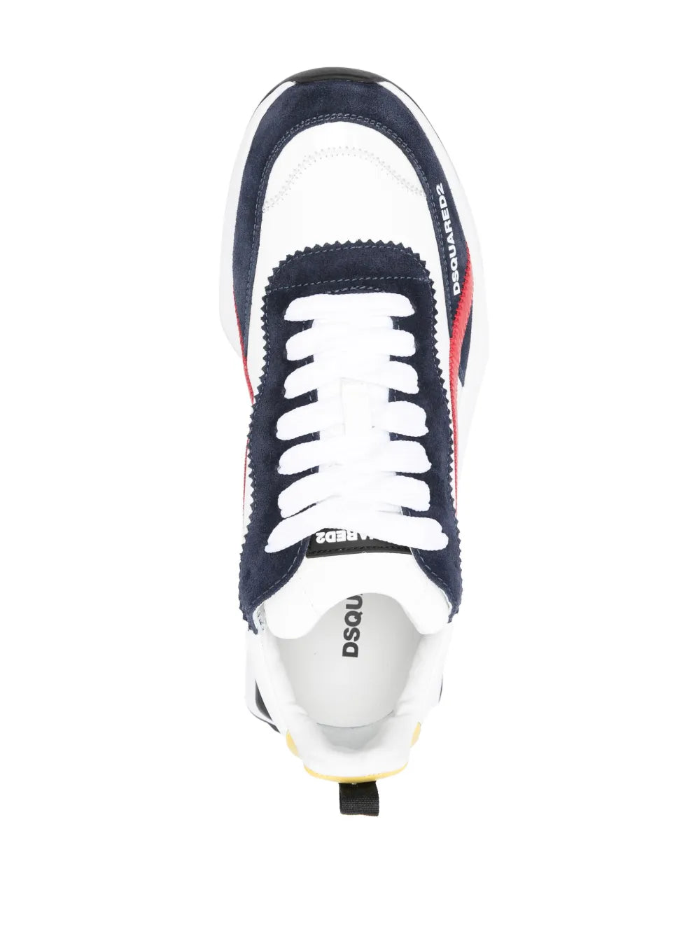 Dsquared2 lace-up sneakers with white laces, navy canvas, and 'DSQUARED2' logo on tongue