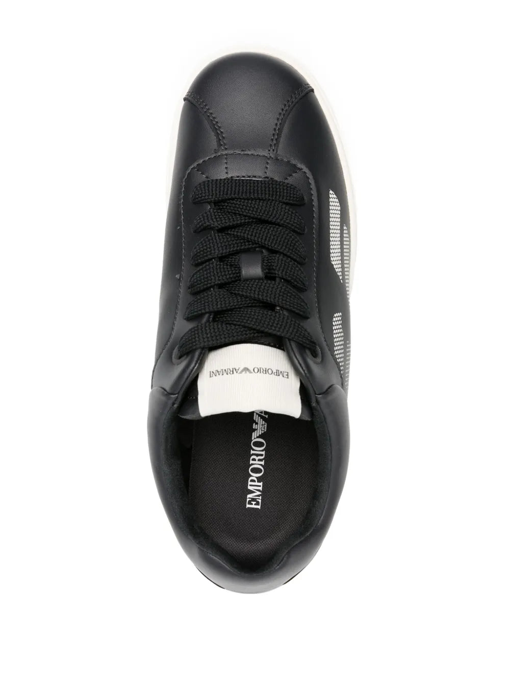 Emporio Armani leather sneaker tongue and lace-up front, black upper with logo
