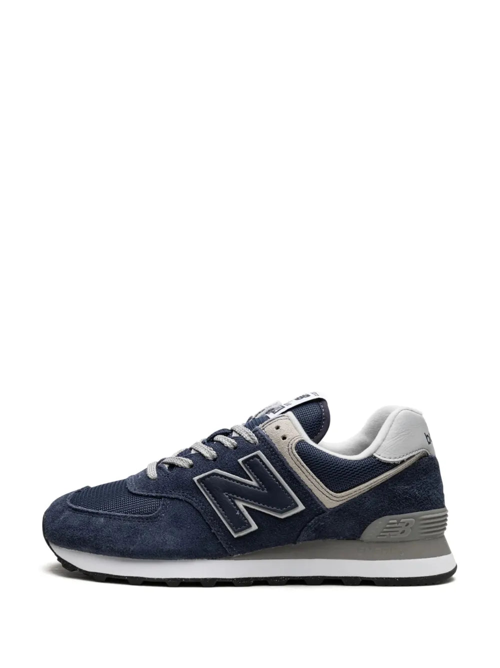 New Balance 574 navy suede sneakers with cream accents and N logo lace-up