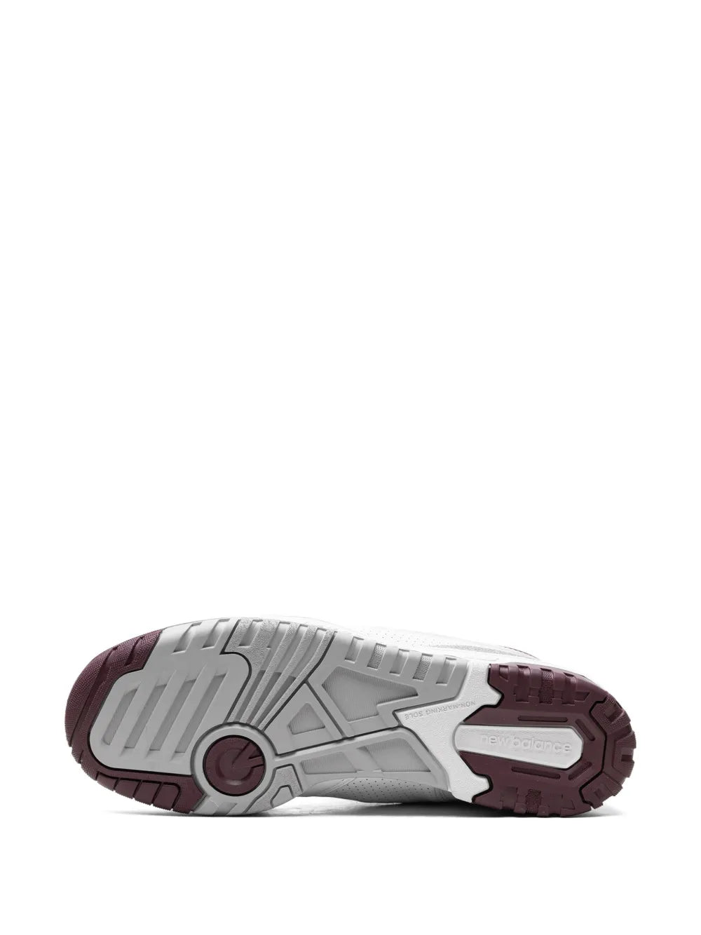 New Balance 650 outsole view, gray tread with burgundy heel and side cutouts