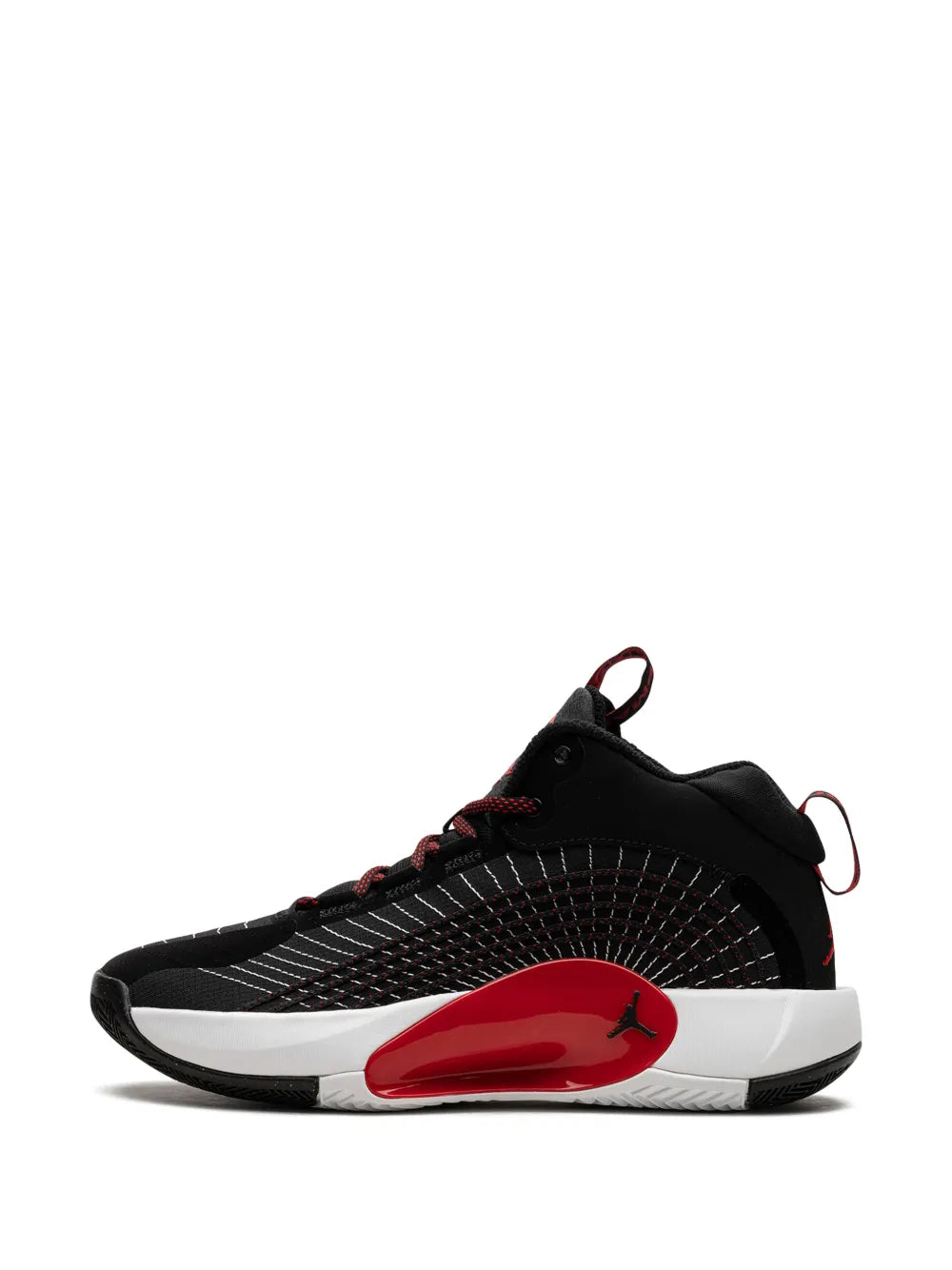 Black mesh high-top sneakers with red oval side panel, white midsole, and red laces