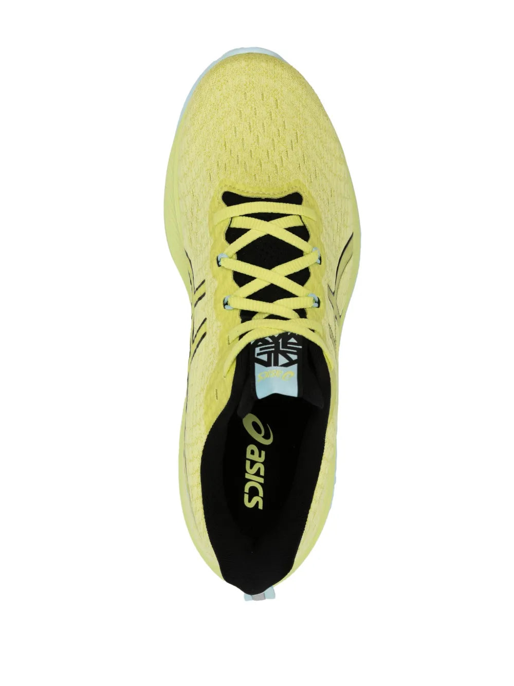 Lime yellow lace-up sneaker upper with black insole and ASICS logo on tongue