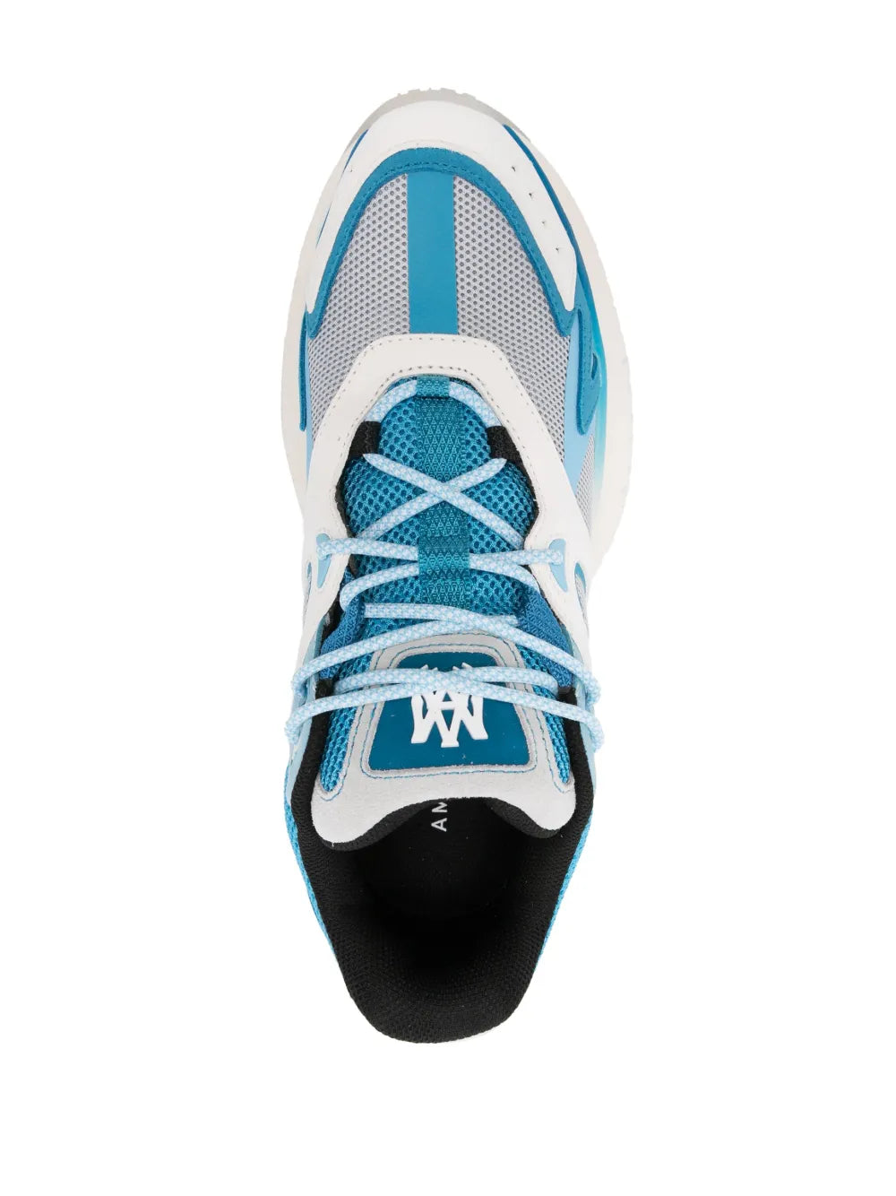 Front view of cerulean blue and white lace-up sneakers with mesh upper and toe cap