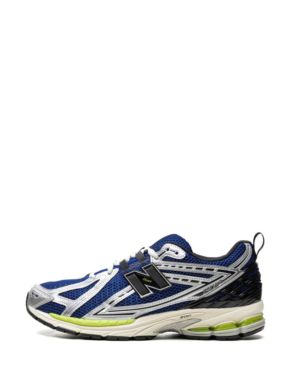 New Balance 1906R blue and white sneakers, front side view with lace-up upper