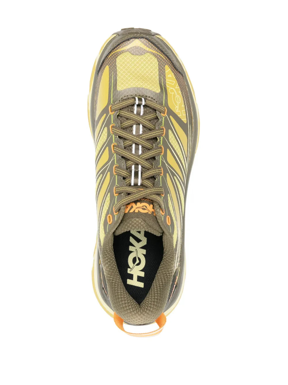 Olive and tan trail sneaker with lace-up front and HOKA logo tongue, padded collar