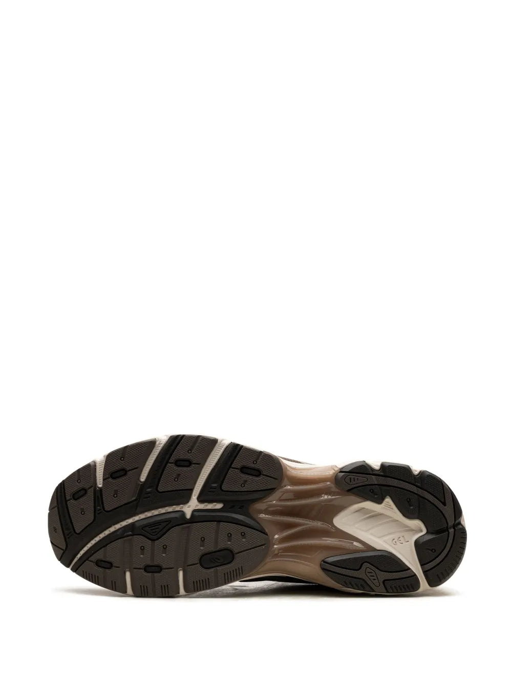 Outsole view of taupe and dark brown leather sneakers with tread pattern