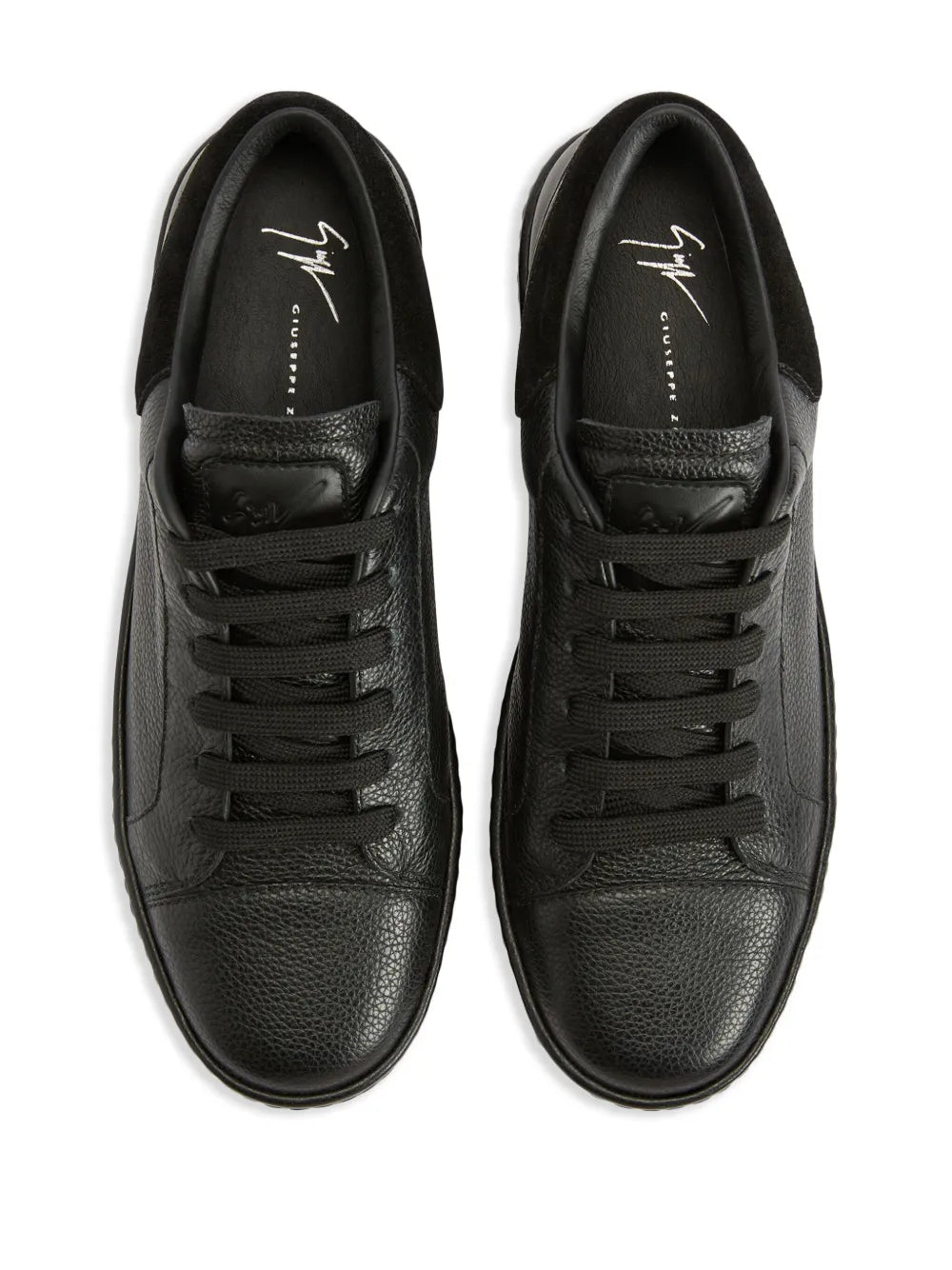 Black leather lace-up low-top sneakers with cushioned tongue and lace-up front