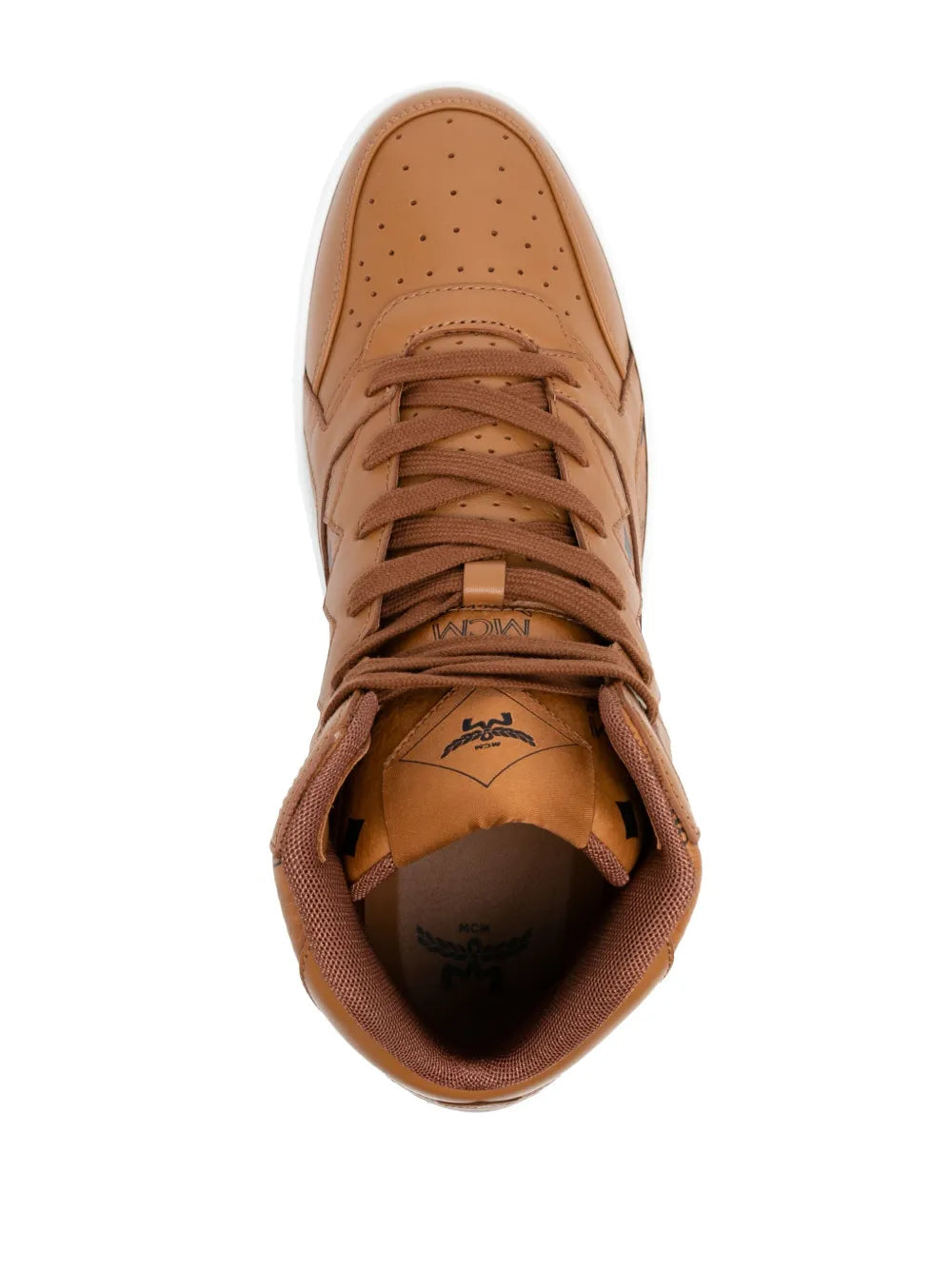 Cognac brown lace-up high-top sneakers, open collar showing cushioned interior