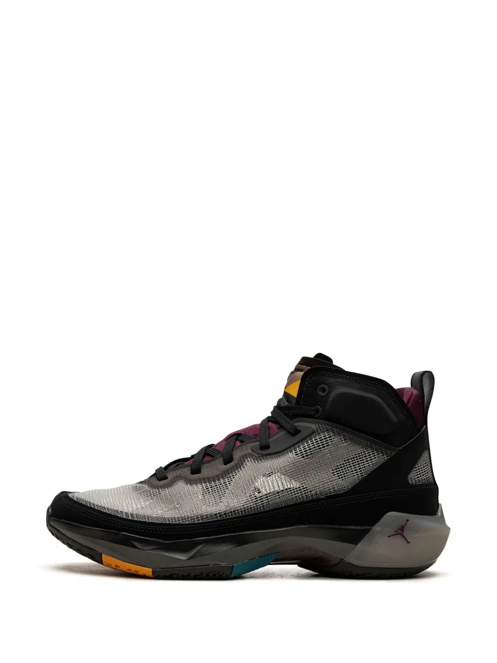 Grey knit side panel mid-top sneakers with bordeaux laces and teal-orange sole