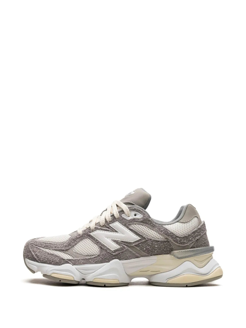 Grey and white lace-up sneakers, front/side view with cushioned upper
