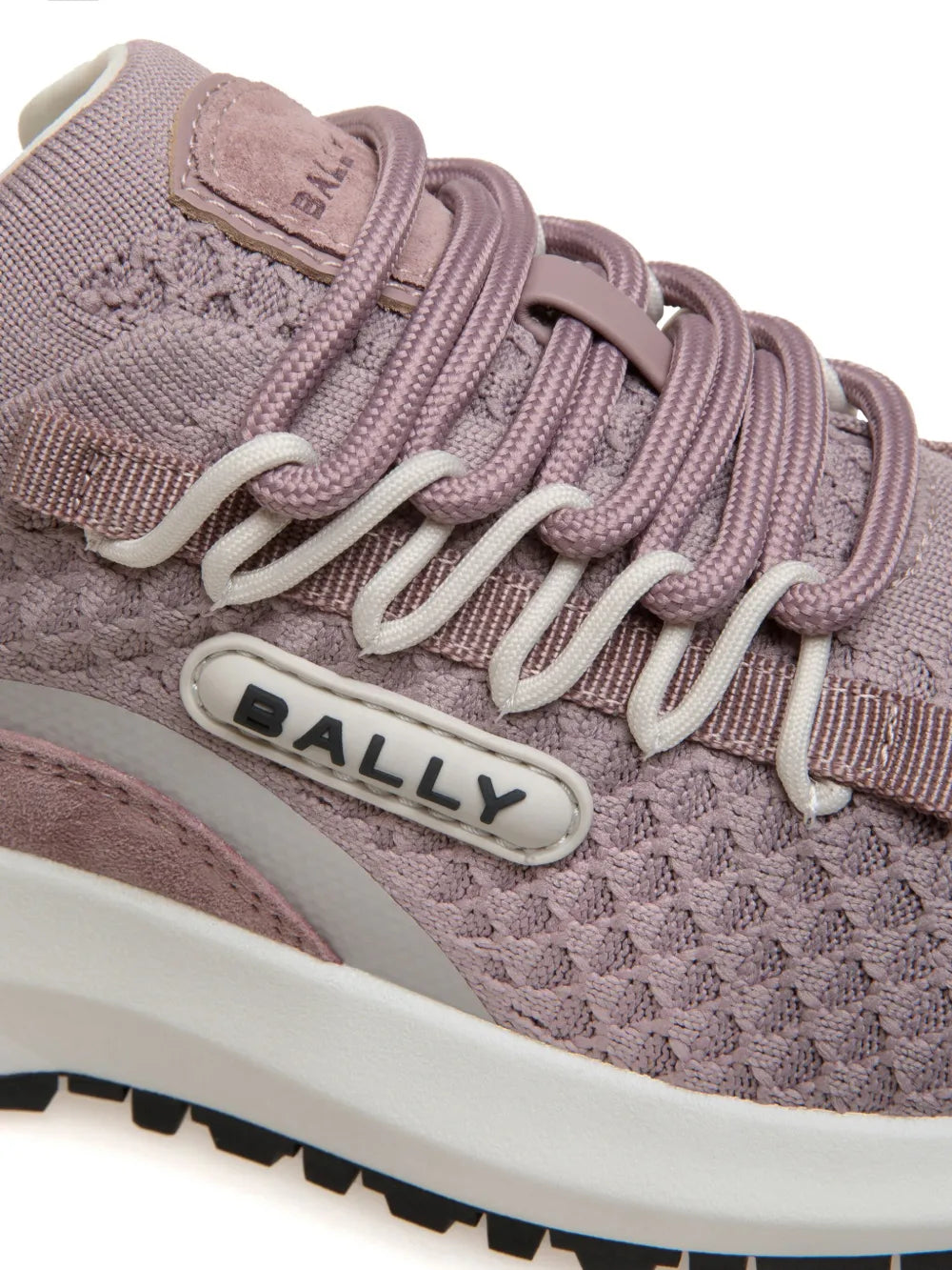 Bally mesh-panel lace-up sneakers close-up, mauve knit texture and logo lace plate