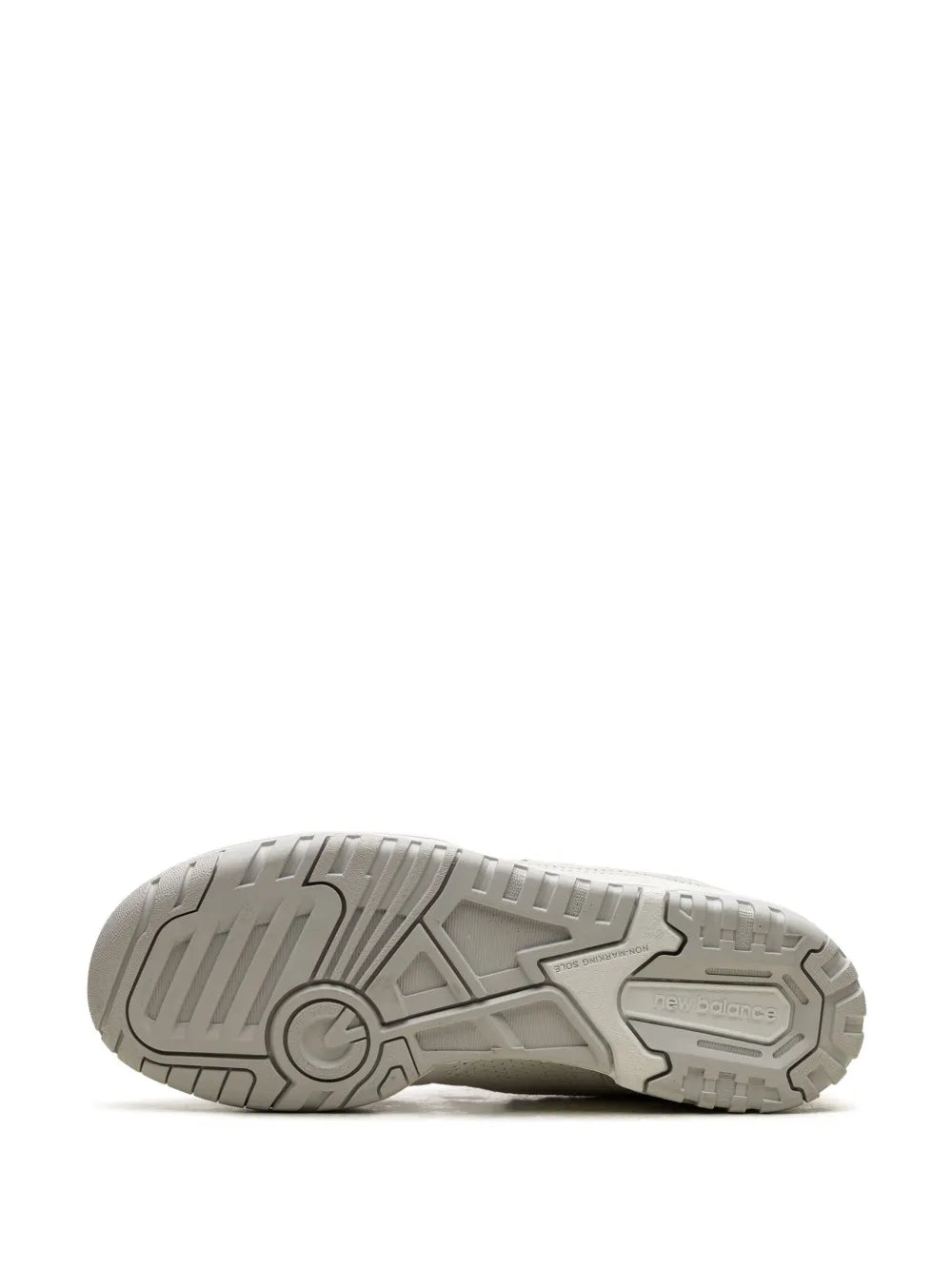 New Balance 550 sneaker outsole view, light gray rubber traction sole