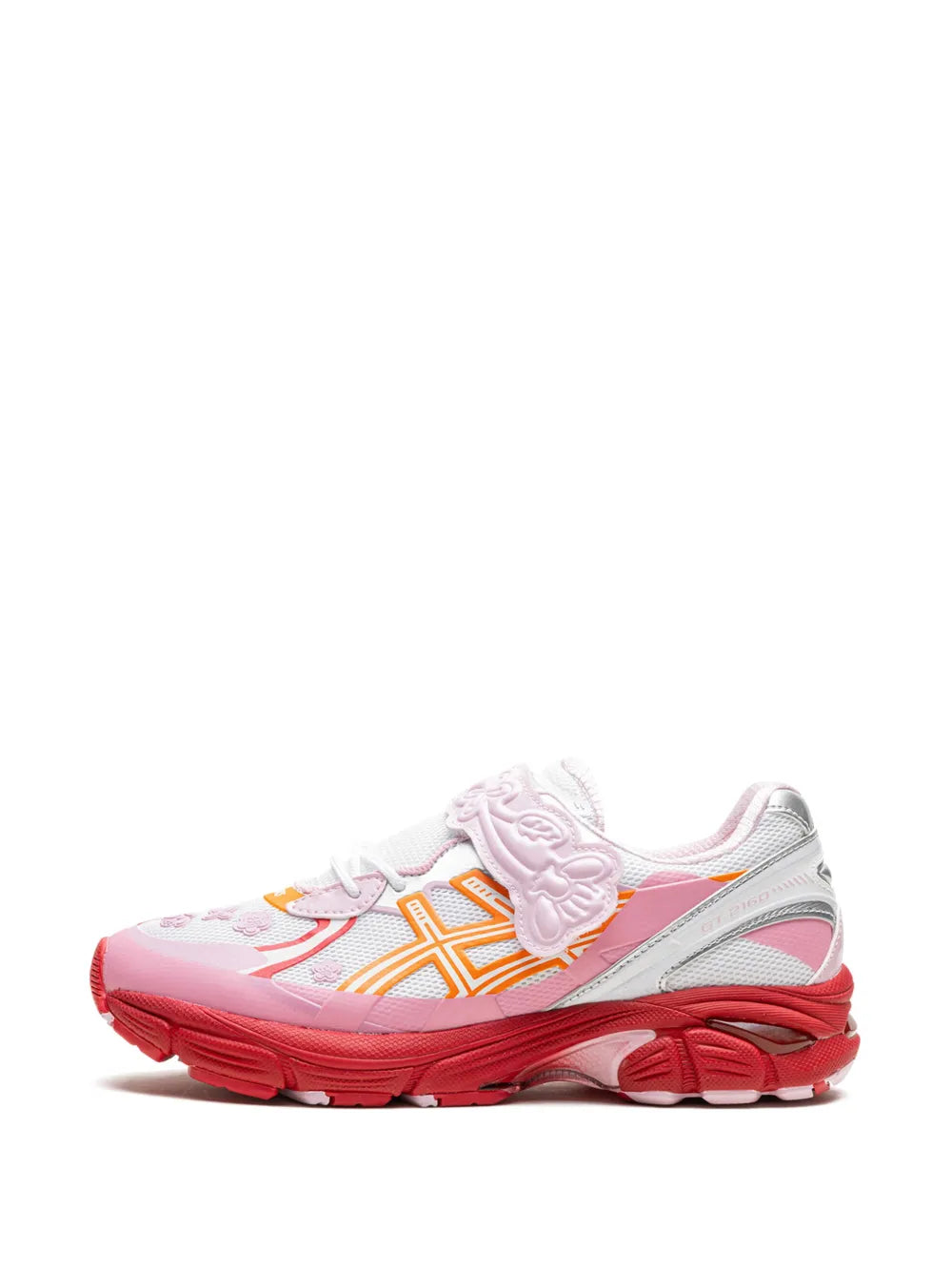 Pink, white and orange low-top sneaker with embroidered lace panel and cushioned sole