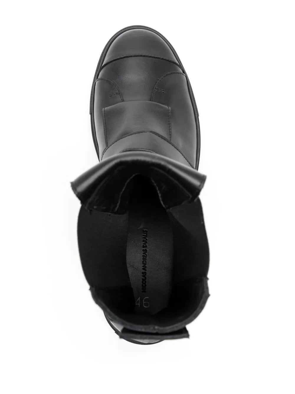 Black leather high-top sneaker with open collar view showing interior lining
