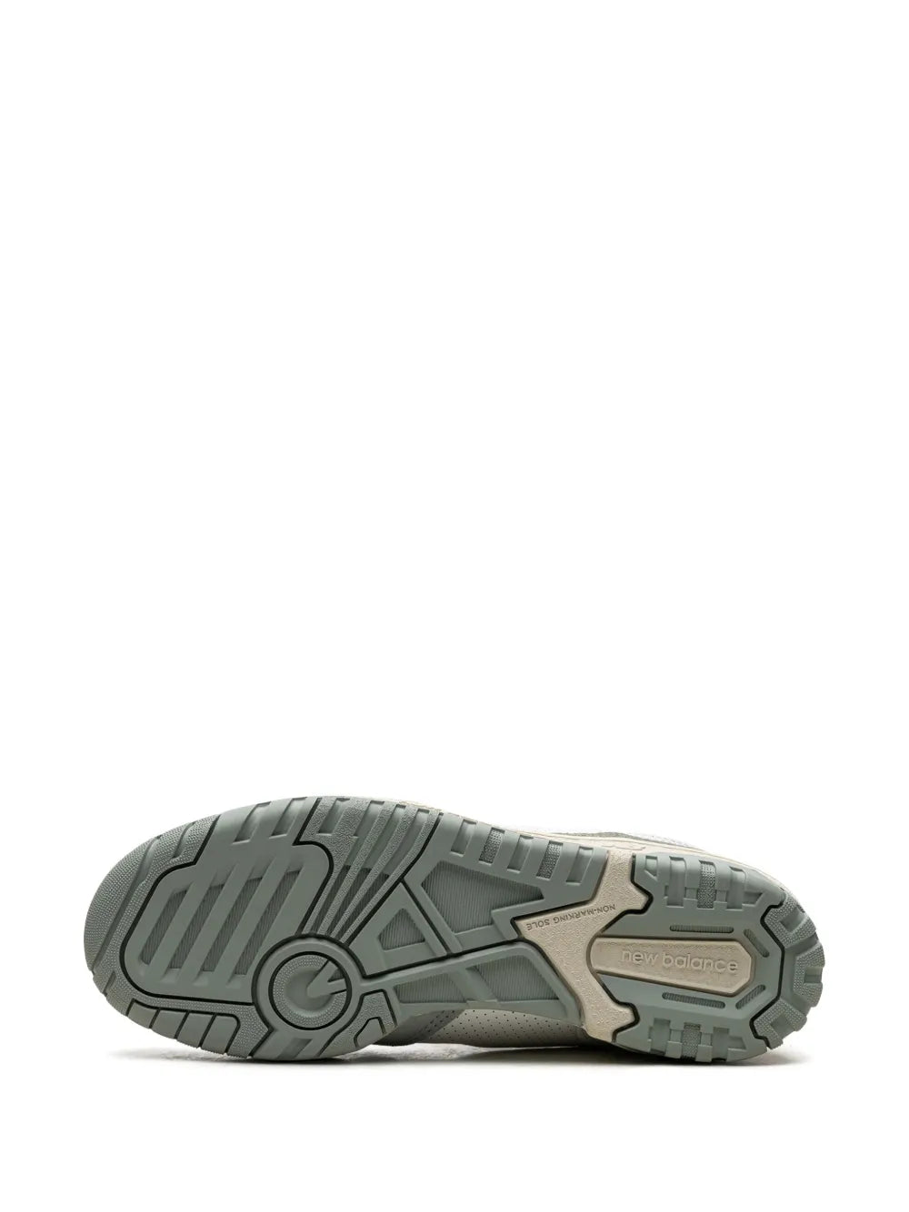 New Balance 550 outsole view, grippy dark tread with light upper