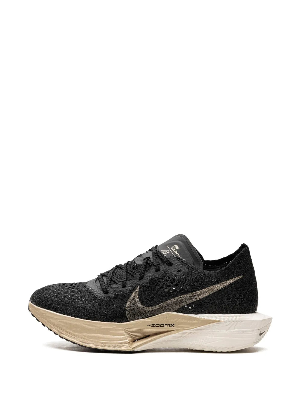Nike Zoomx Vaporfly Next% 3 black running shoe, gold swoosh, lace-up design