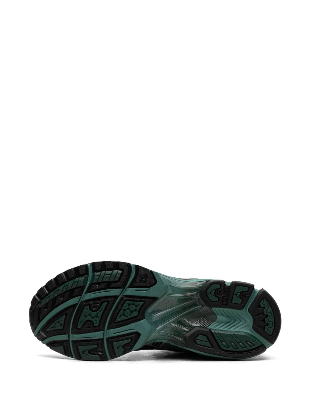 ASICS Gel-Kayano 14 outsole view, textured tread in green and black