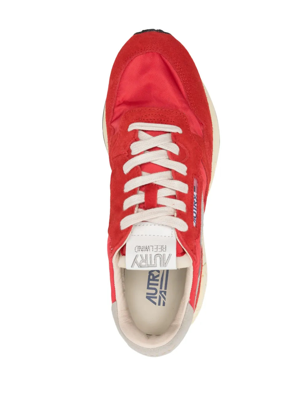 Red suede lace-up sneaker with white laces and side logo detail