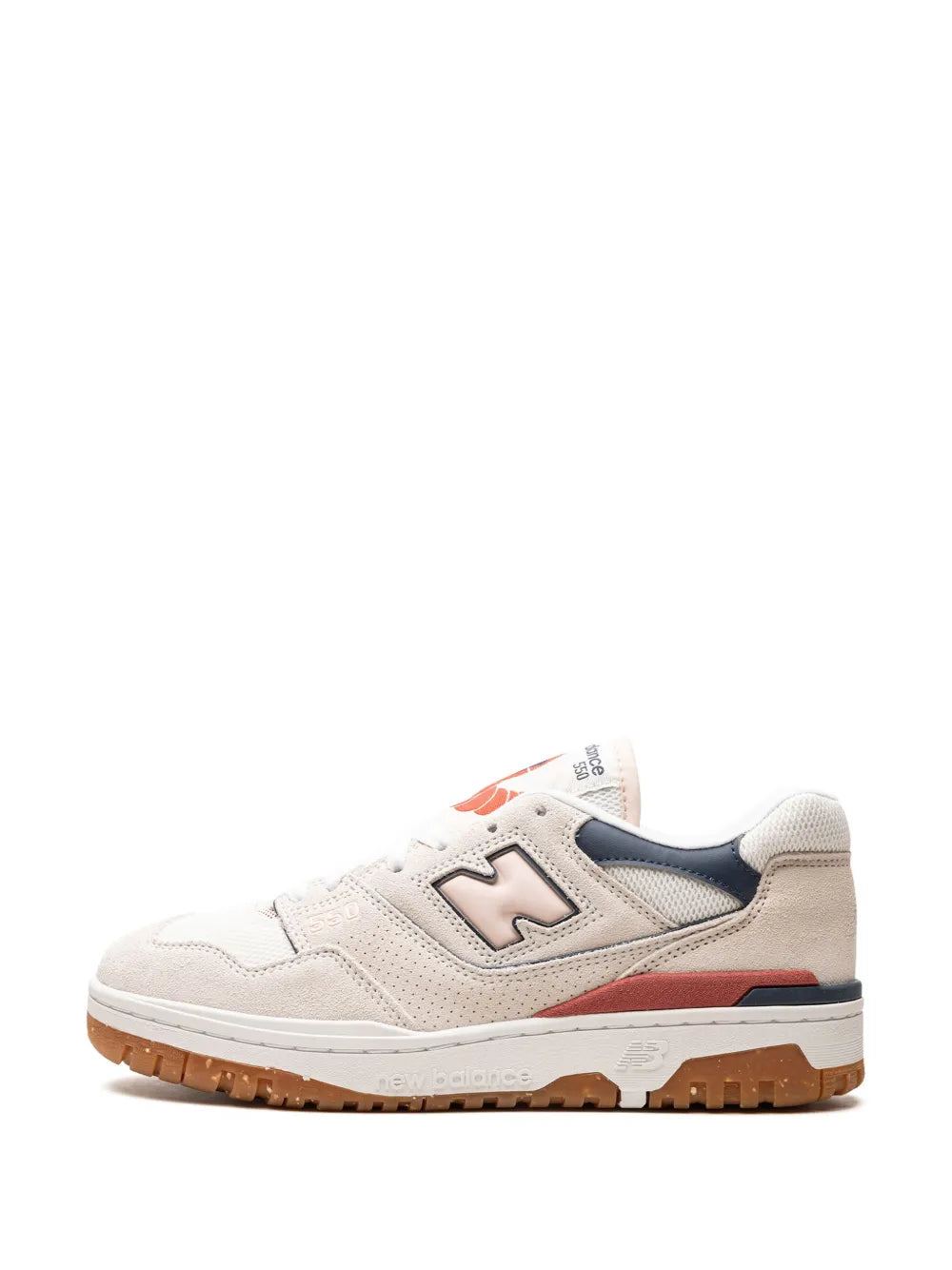 New Balance 550 sneaker side view, white upper with navy logo and red midsole stripe