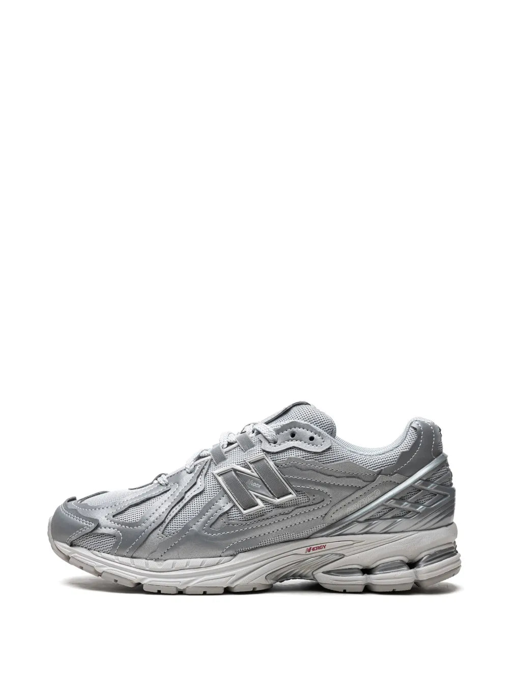 Grey lace-up sneaker front three-quarter view with N logo on quarter panel