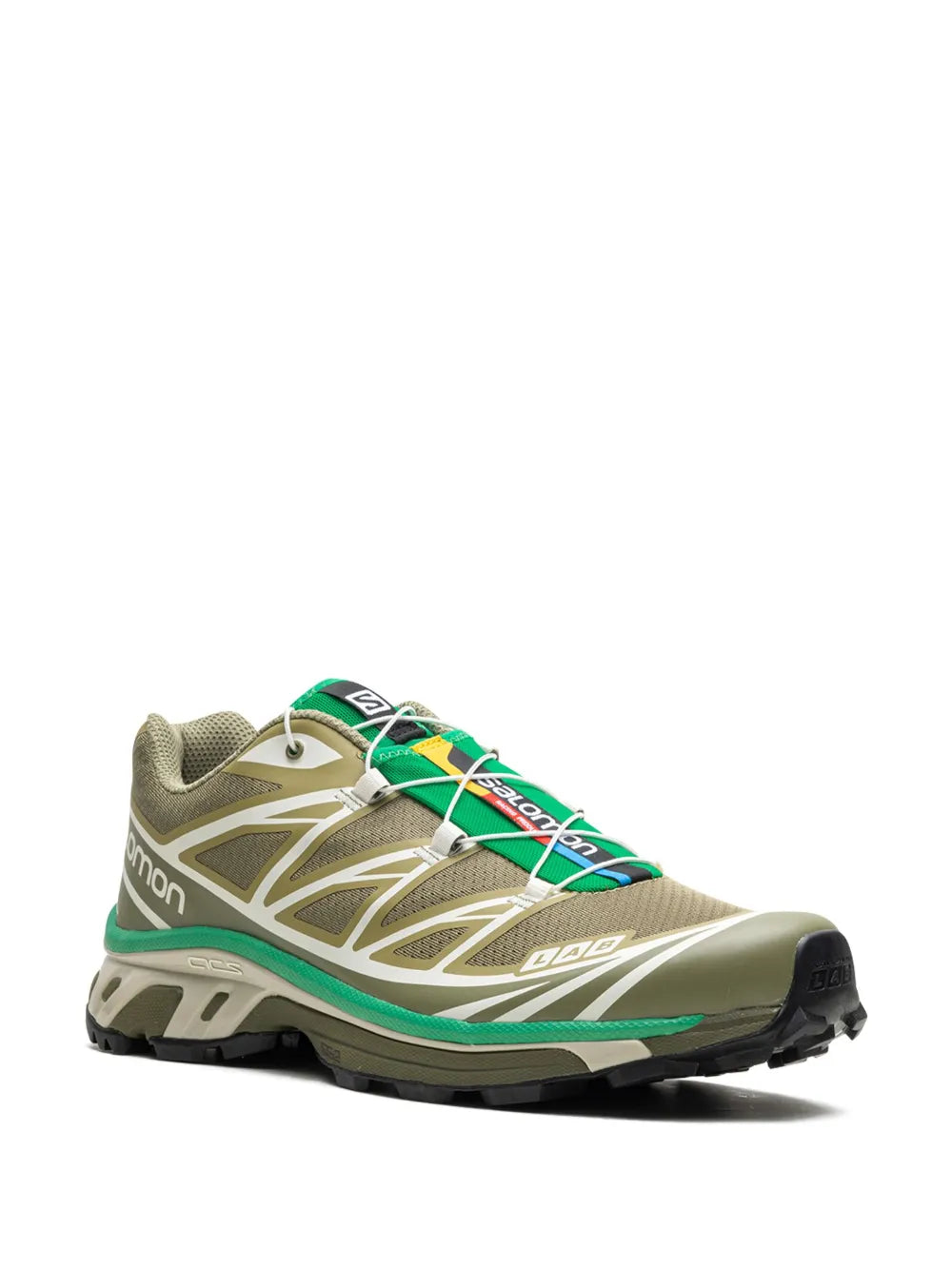 Trail running shoe front 3/4 view, olive beige upper with green lace straps