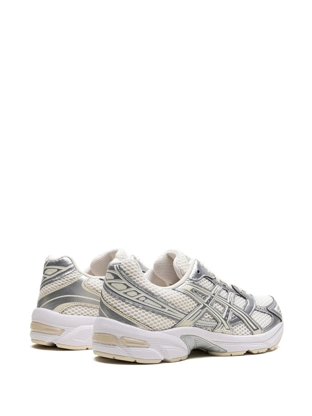 ASICS Gel-1130 running shoe rear three-quarter view with white knit and silver heel panel