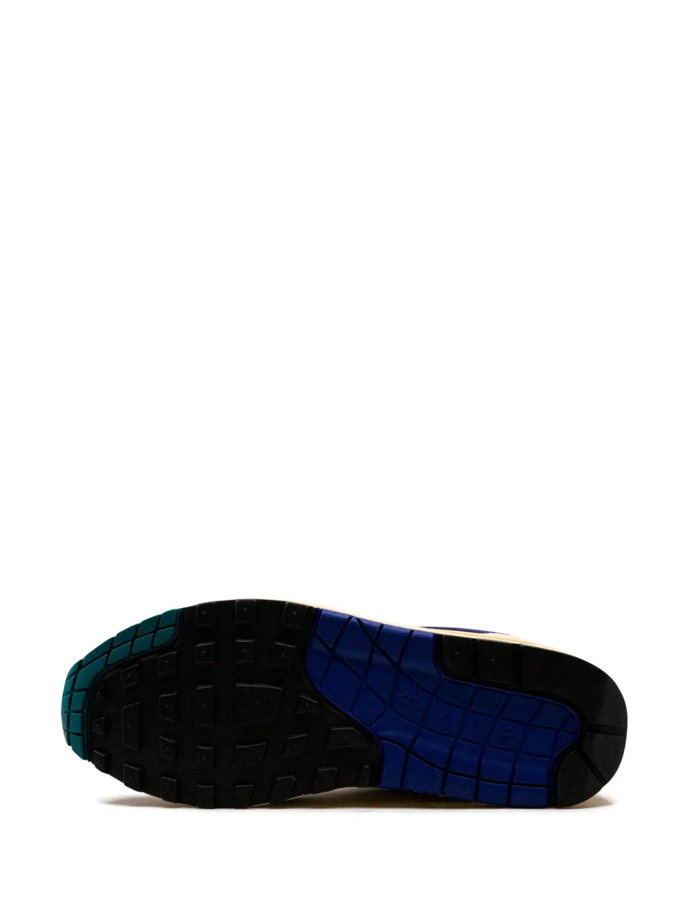 Nike Air Max 1 outsole with black traction tread, blue center panel, and teal details