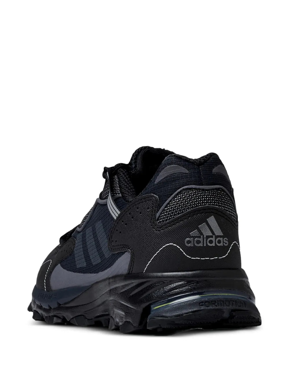 Black adidas trail sneaker heel view with adidas logo and treaded rubber sole