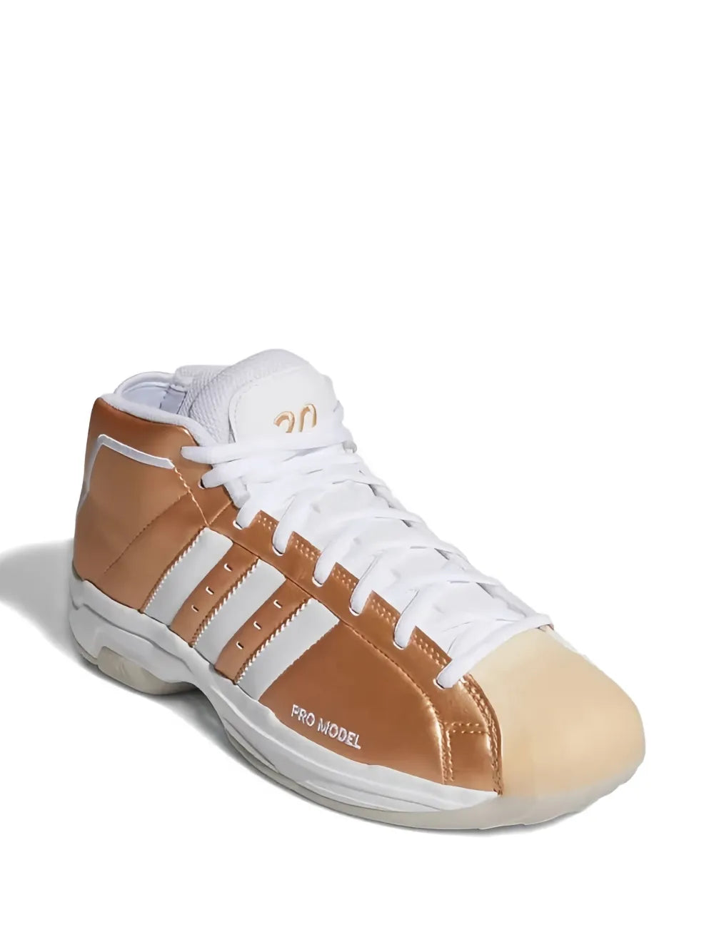 adidas high-top sneaker side view, tan leather with white laces and adidas 3 stripes