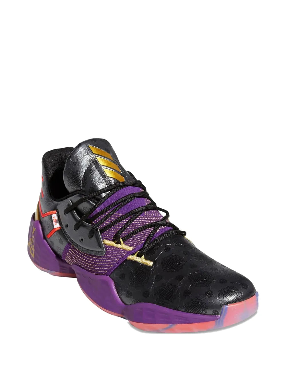 Adidas Harden Vol 4 basketball shoe, black and purple with yellow logo and black laces