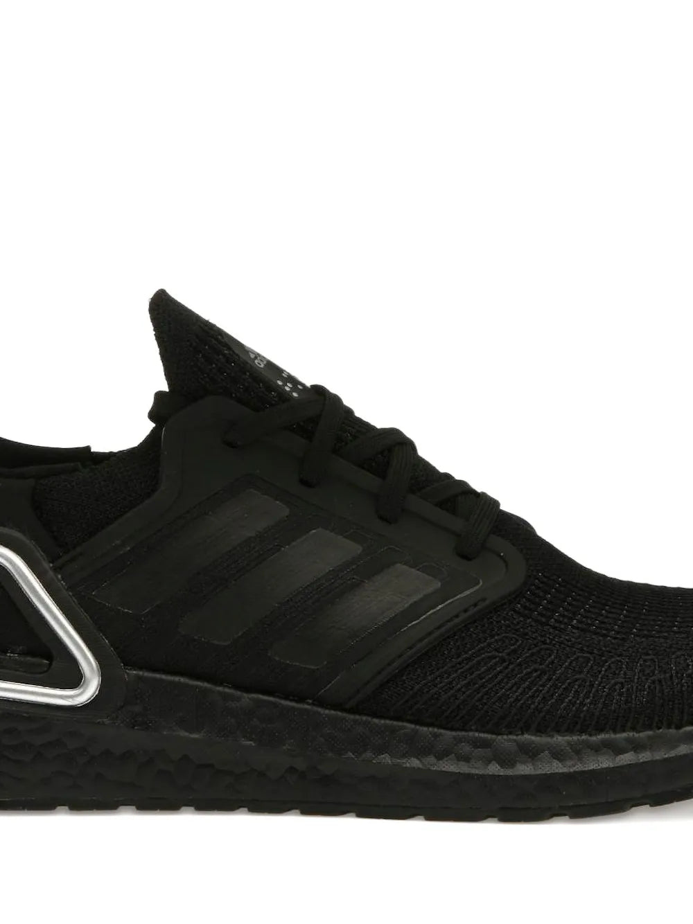 adidas Ultraboost 20 black running sneaker close-up, striped cage and lace-up knit