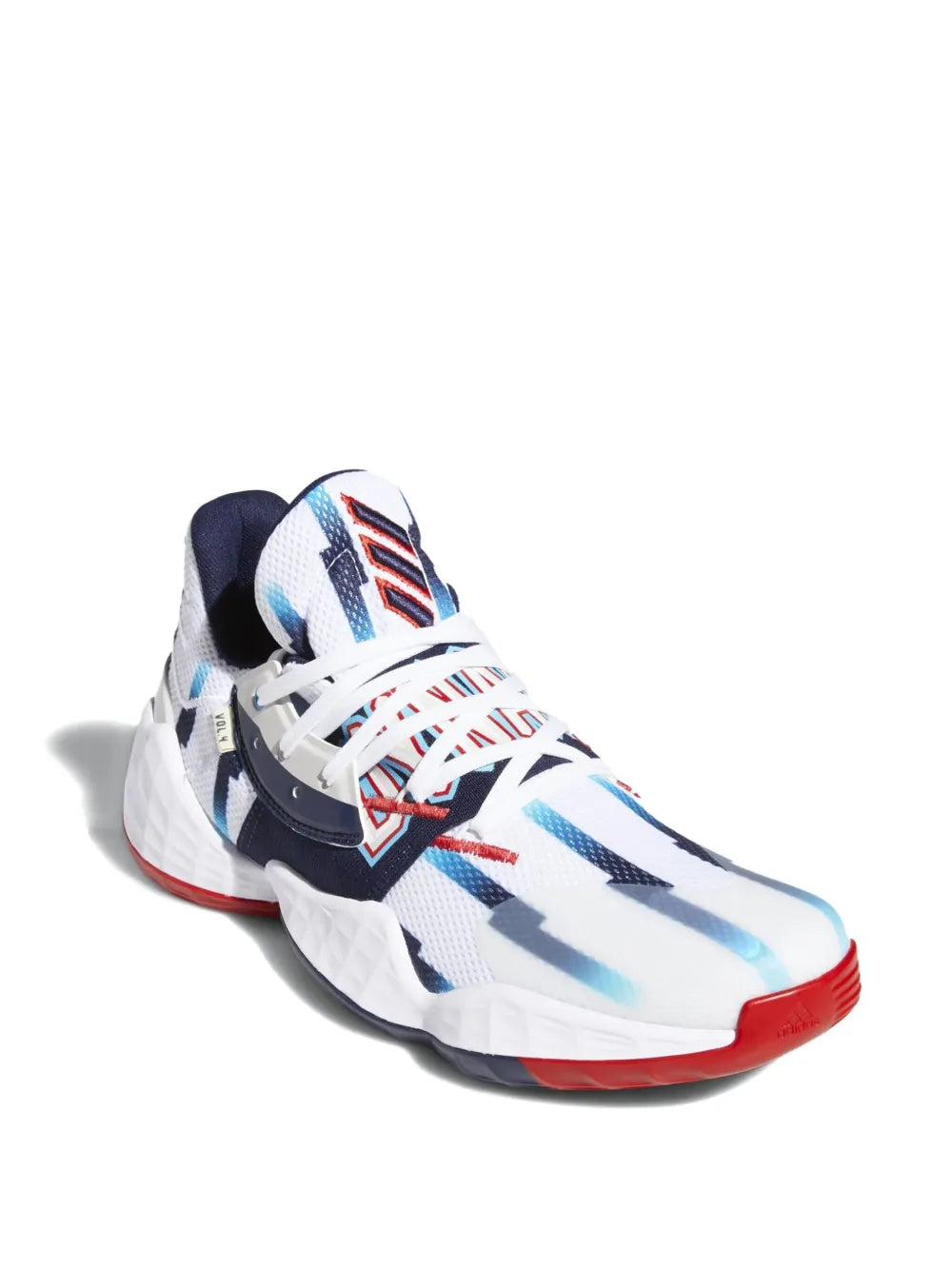 adidas Harden Vol. 4 Gca basketball shoe, white with blue pattern and red sole