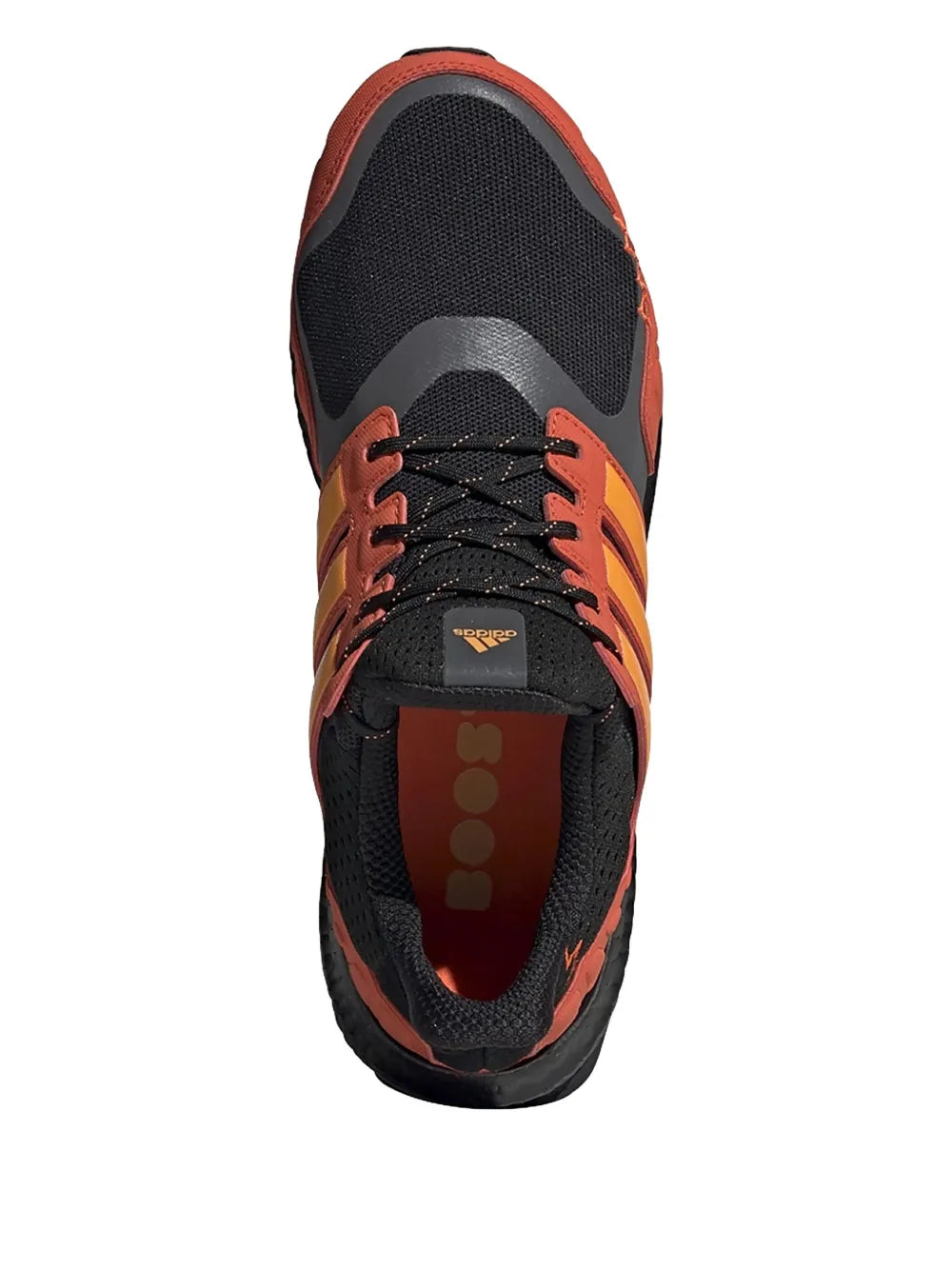 Black running shoe with orange laces and knit upper, padded collar
