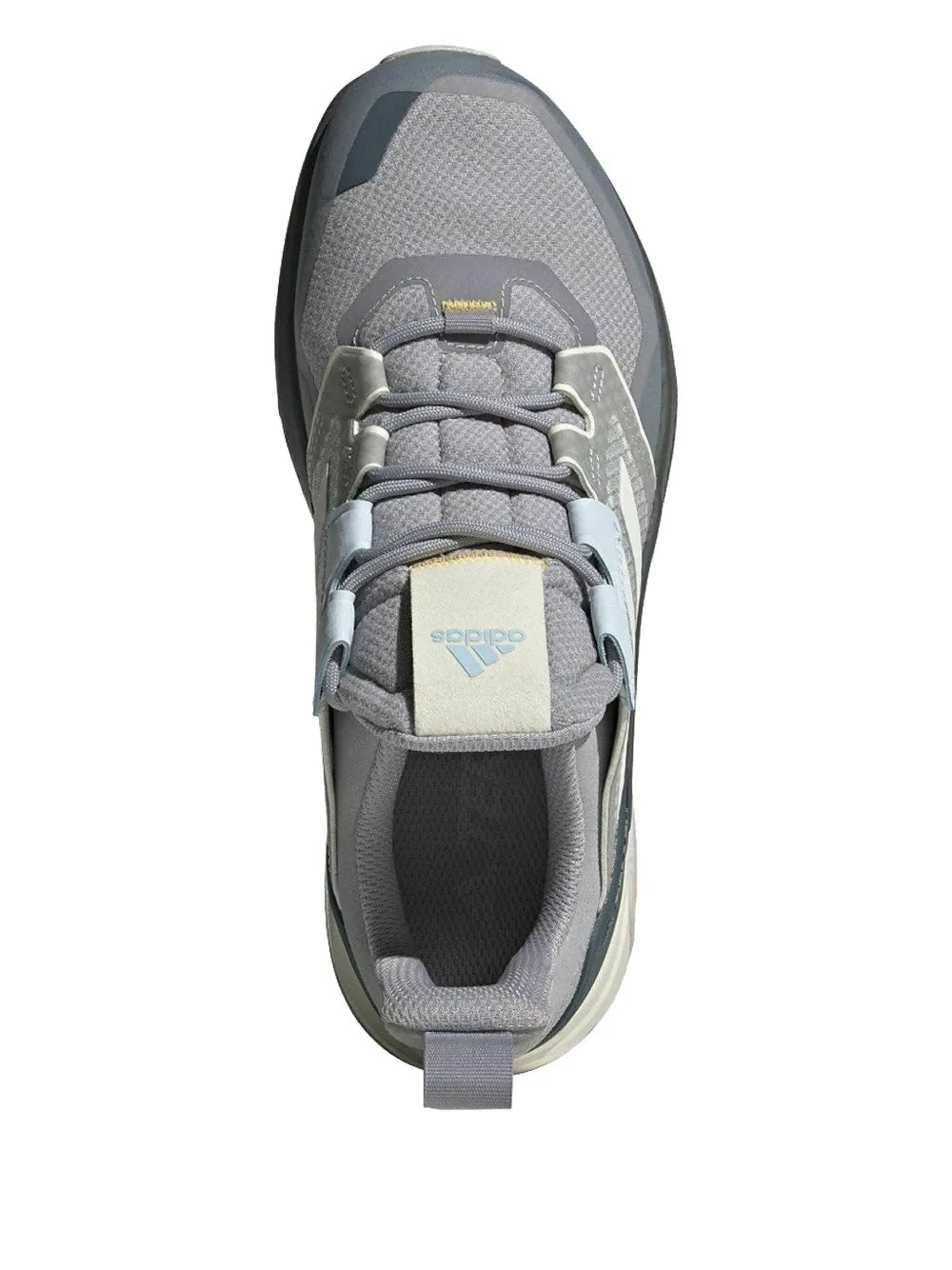 Trail running shoes, grey lace-up mesh upper with padded collar and thick tread sole