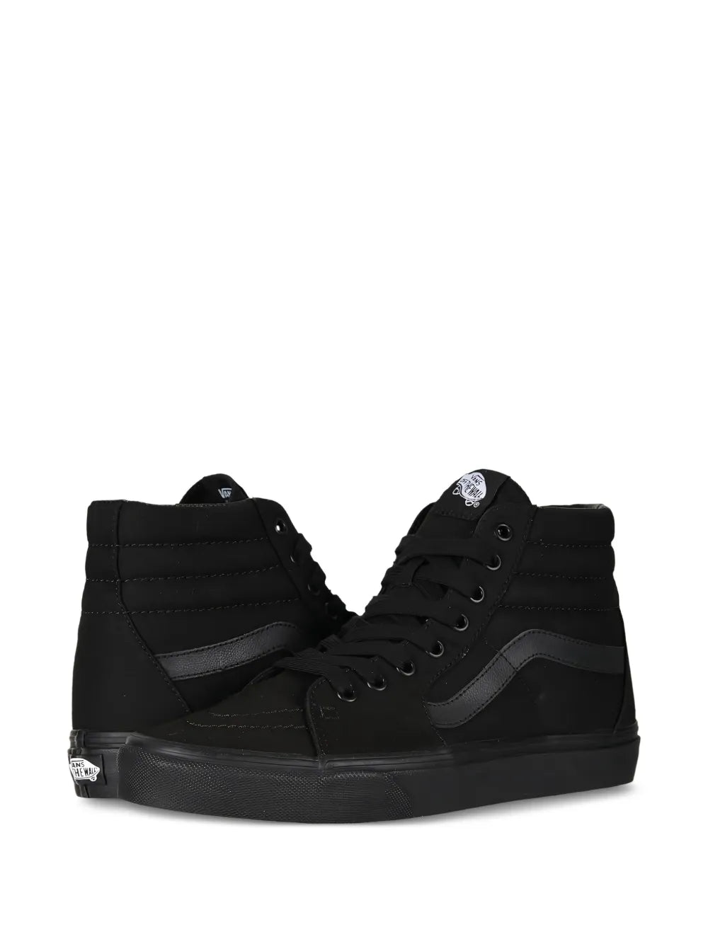 Black high-top skate sneaker, lace-up, padded collar, heel logo patch