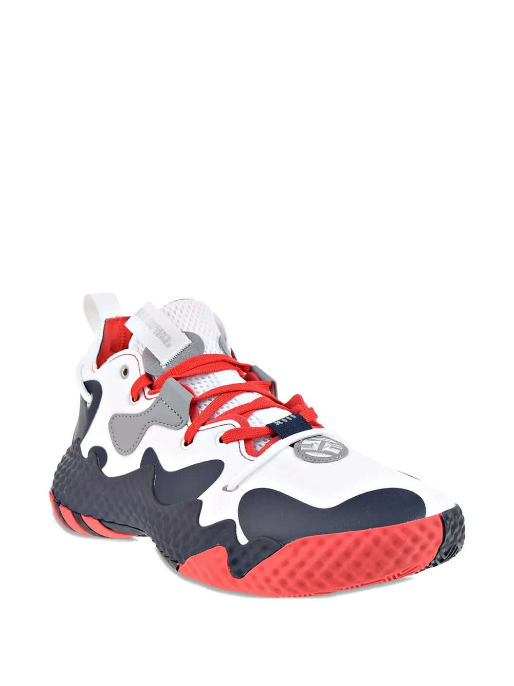 High-top basketball shoe in white, black & red with red laces and chunky sole detail