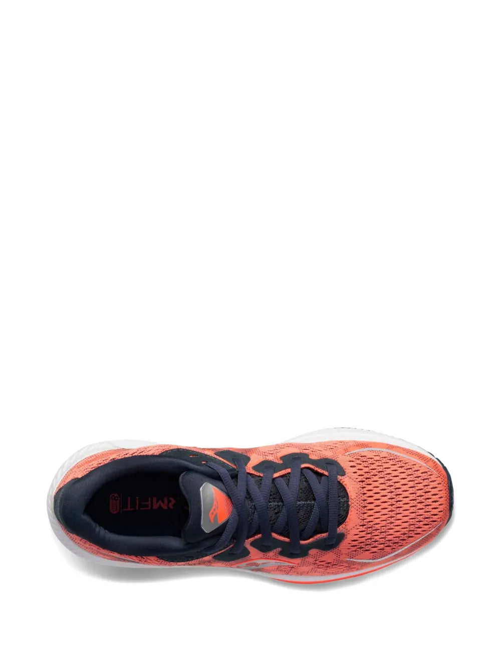 Orange mesh running shoe, navy laces, white midsole, side view