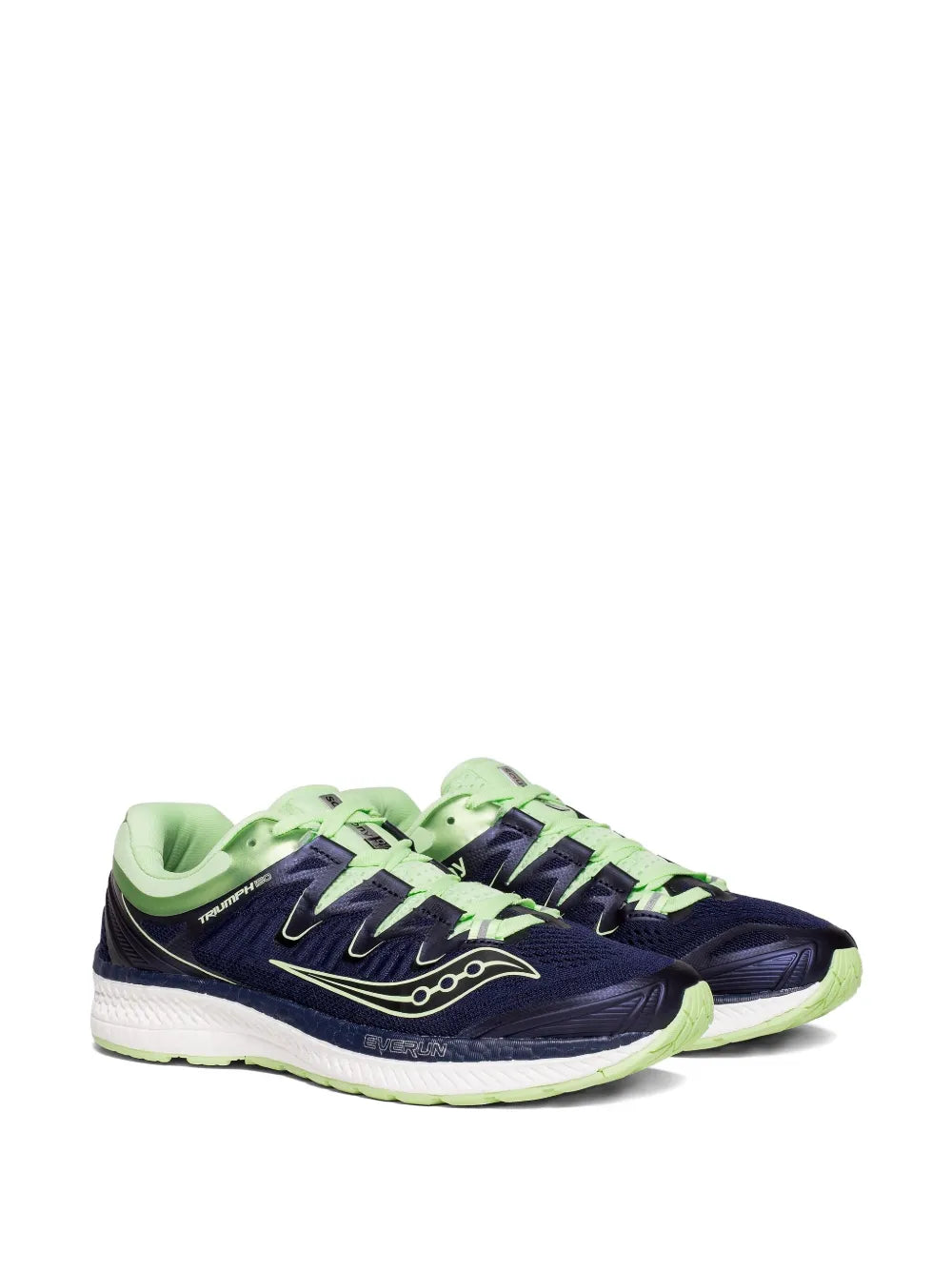 Light green and navy lace-up running shoe with textured sole and Saucony logo