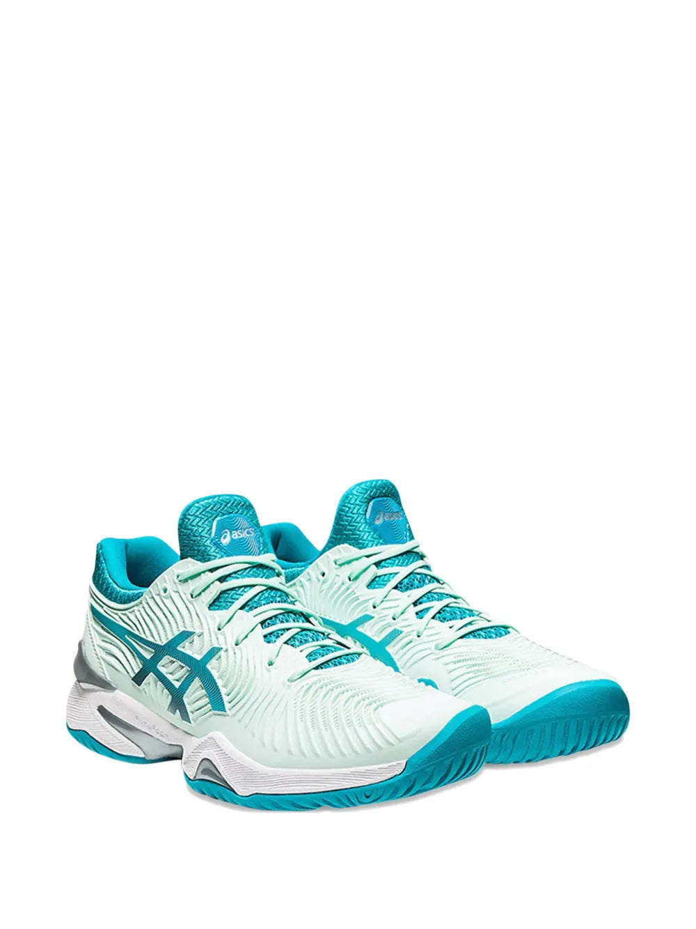 ASICS lace-up tennis shoe, white upper with teal laces, molded rubber outsole