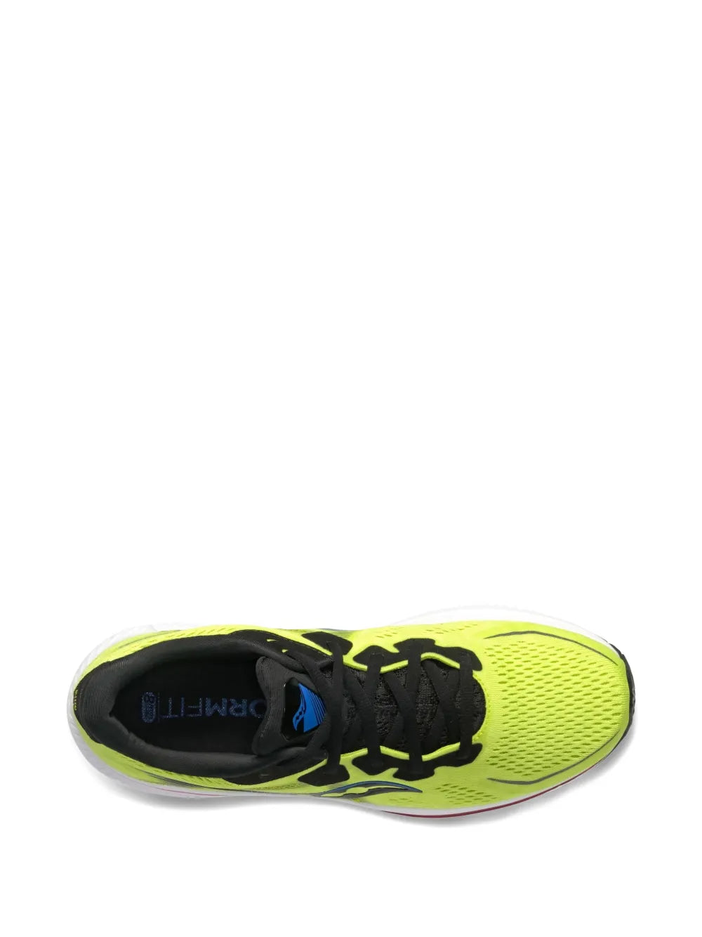 Neon yellow running shoe with black laces, black heel, and rounded toe