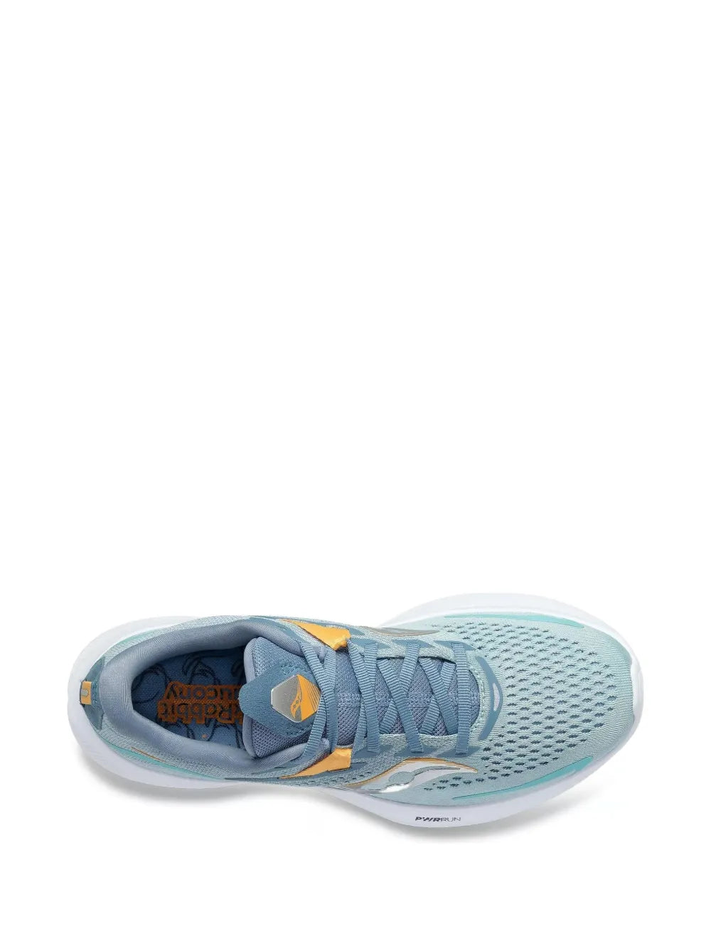 Men's lace-up running shoe, light blue mesh upper with yellow heel tab and orange lining