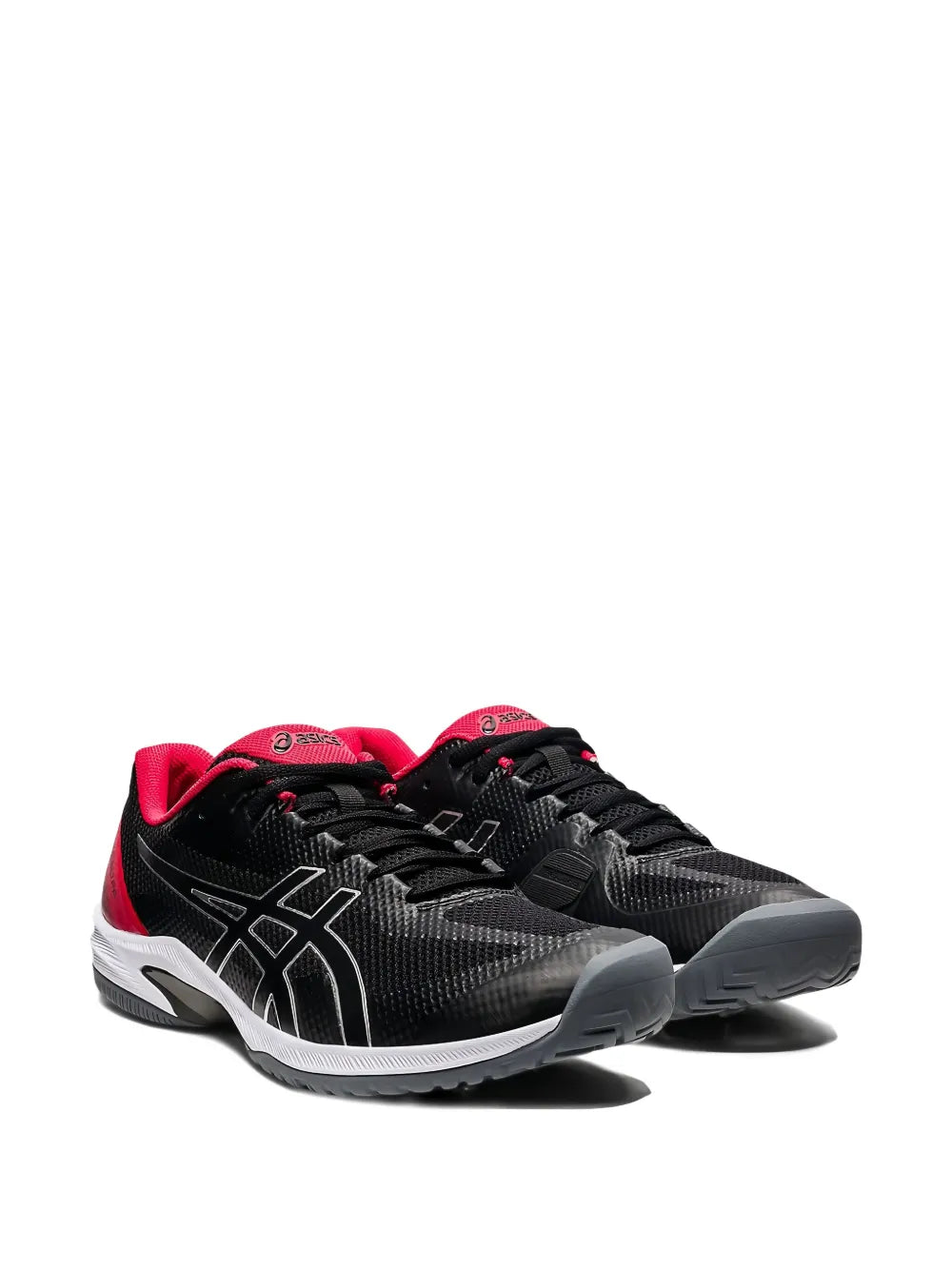 Court speed tennis shoe, black knit with white midsole and red collar lining
