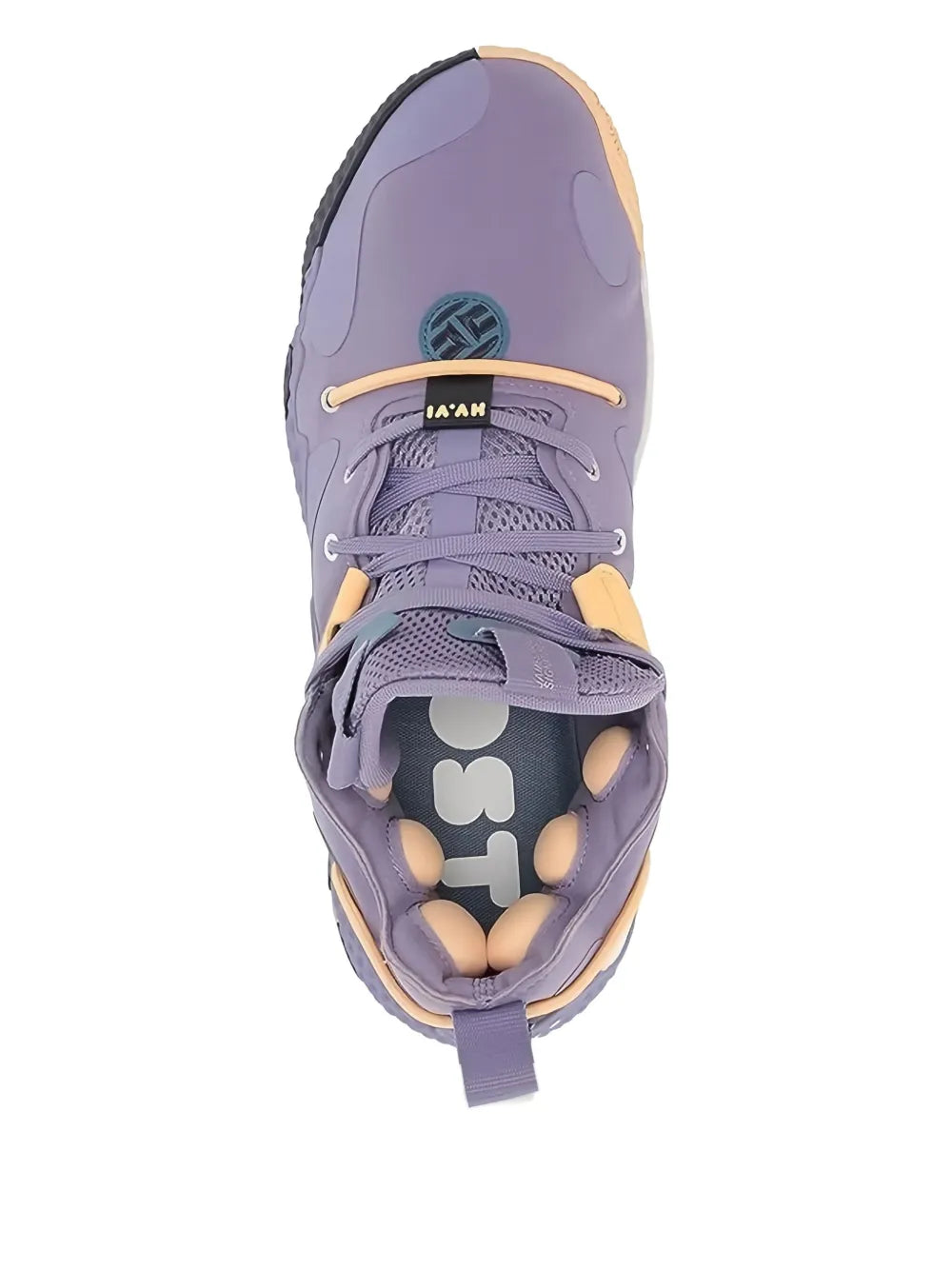 Purple adidas Harden basketball shoe top view with padded collar and lace eyelets