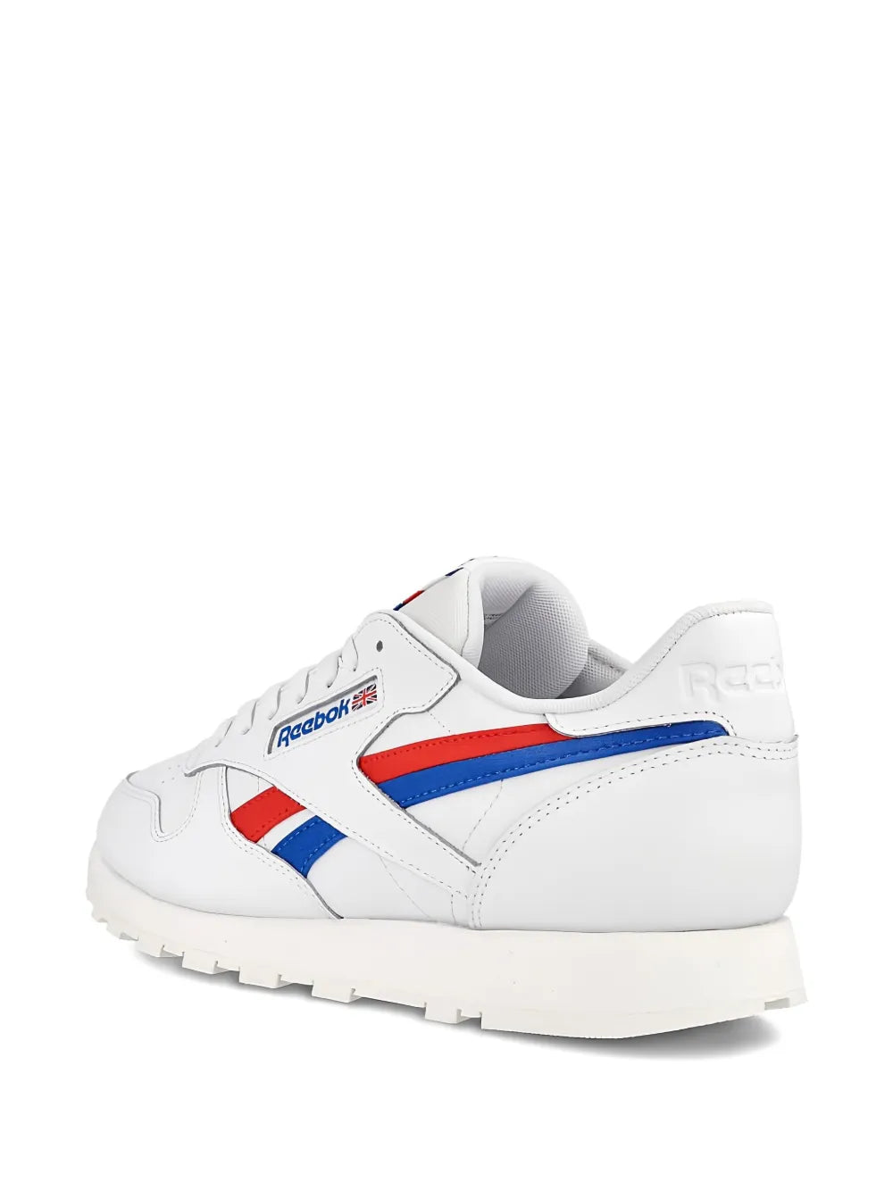 Reebok Classic Leather sneakers, white leather with red and blue stripes, side view