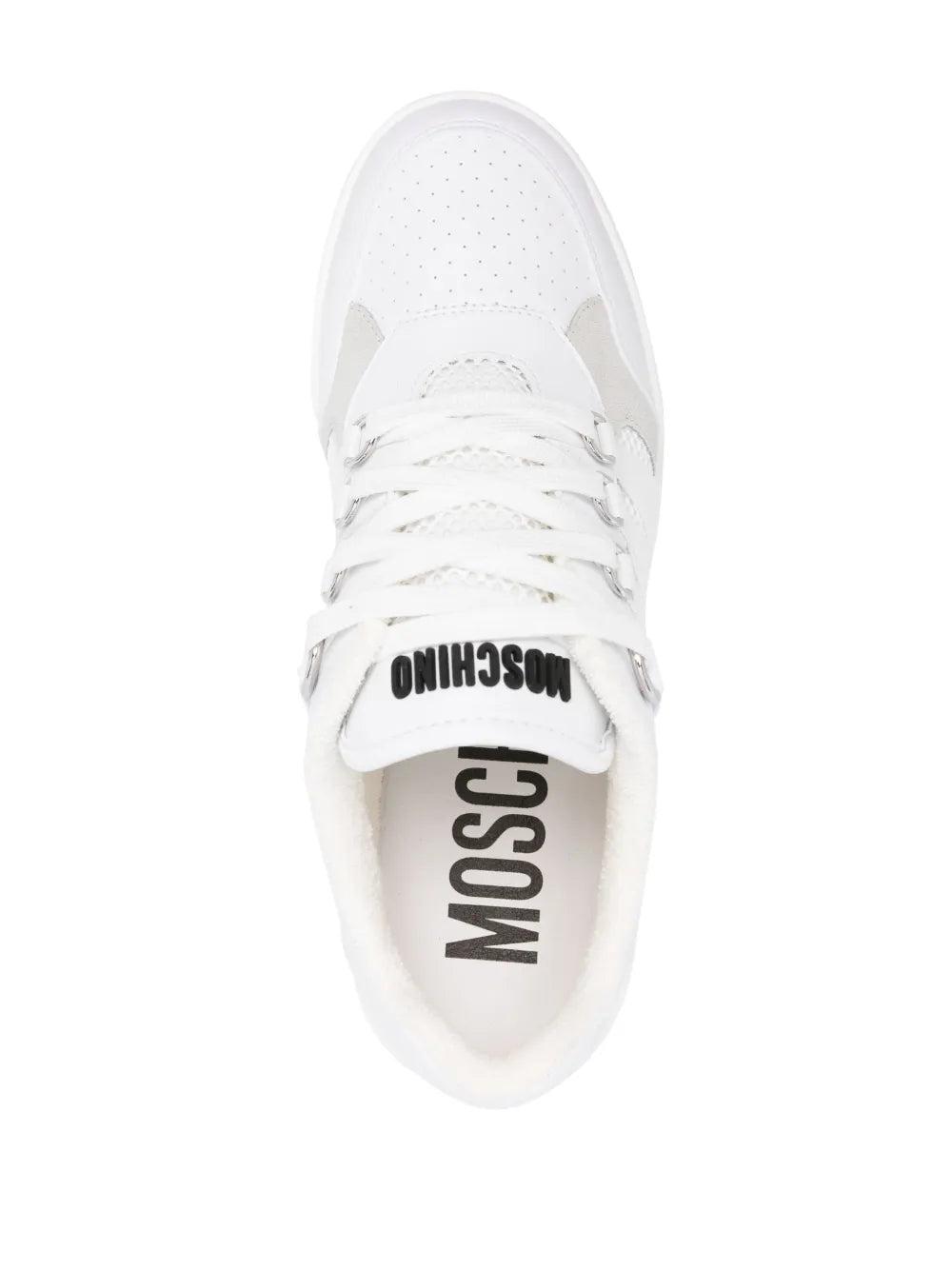 White Moschino lace-up trainers with printed tongue and perforated toe
