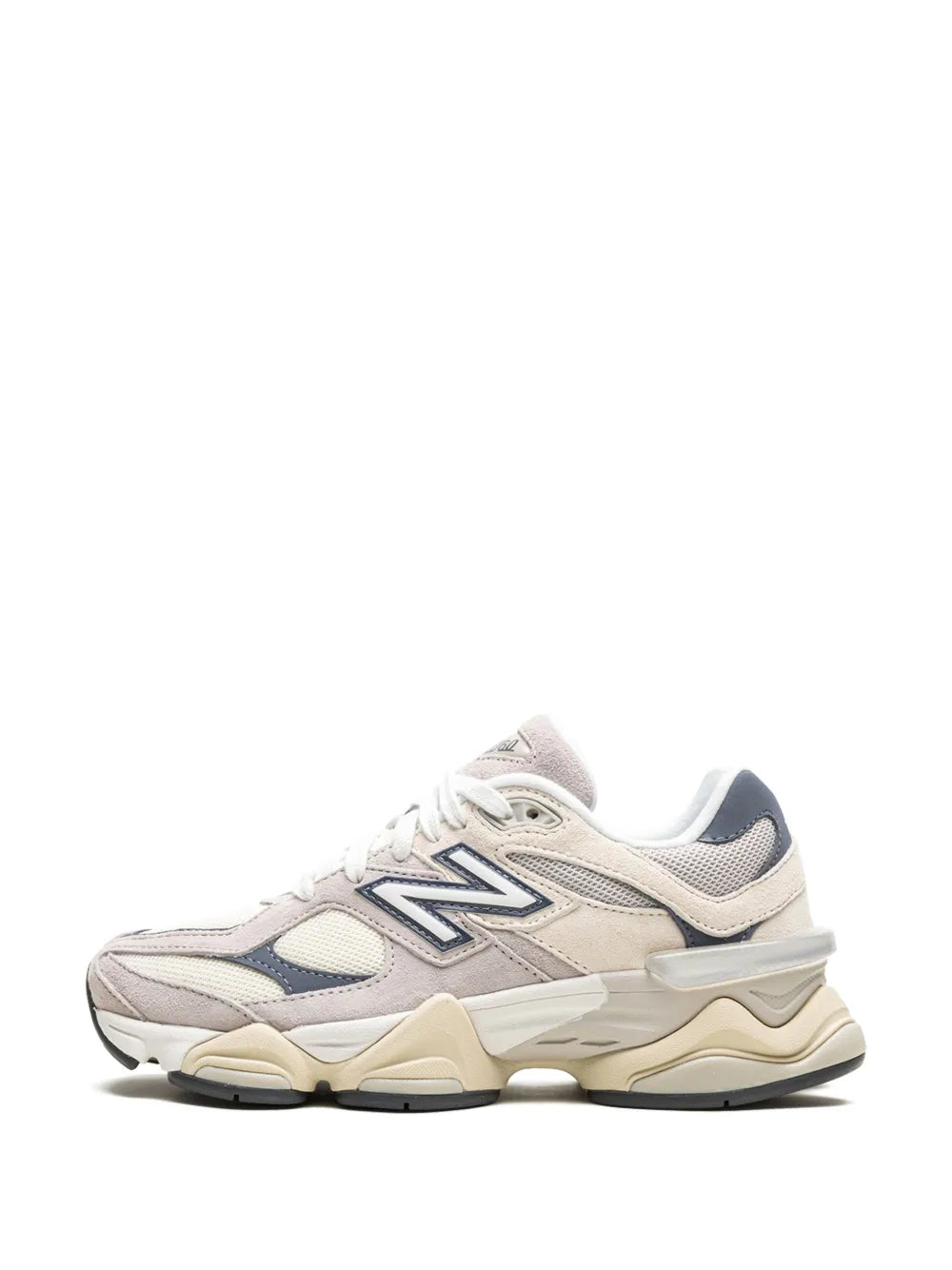 Light grey and beige New Balance 9060 sneakers, front side view with lace-up