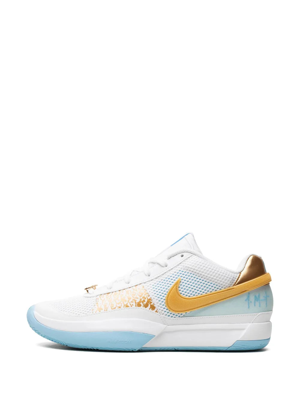 White basketball shoe front-side view with gold swoosh and light-blue sole